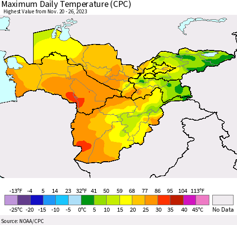 Central Asia Maximum Daily Temperature (CPC) Thematic Map For 11/20/2023 - 11/26/2023