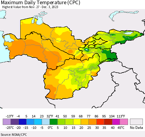 Central Asia Maximum Daily Temperature (CPC) Thematic Map For 11/27/2023 - 12/3/2023