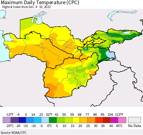 Central Asia Maximum Daily Temperature (CPC) Thematic Map For 12/4/2023 - 12/10/2023