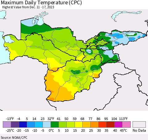 Central Asia Maximum Daily Temperature (CPC) Thematic Map For 12/11/2023 - 12/17/2023