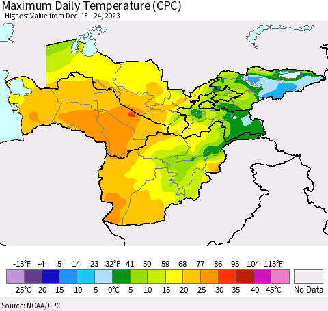 Central Asia Maximum Daily Temperature (CPC) Thematic Map For 12/18/2023 - 12/24/2023