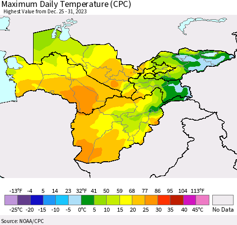 Central Asia Maximum Daily Temperature (CPC) Thematic Map For 12/25/2023 - 12/31/2023