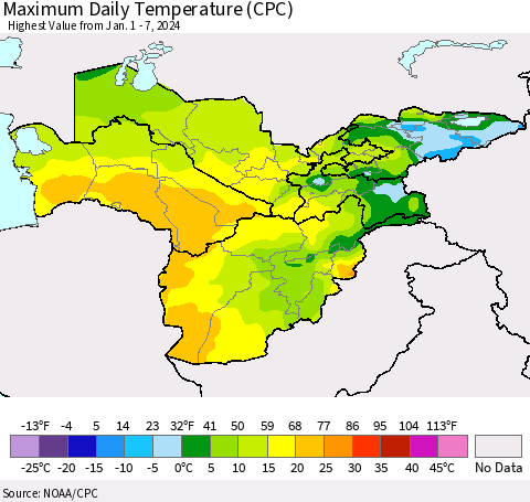 Central Asia Maximum Daily Temperature (CPC) Thematic Map For 1/1/2024 - 1/7/2024