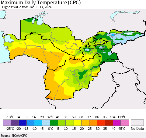 Central Asia Maximum Daily Temperature (CPC) Thematic Map For 1/8/2024 - 1/14/2024