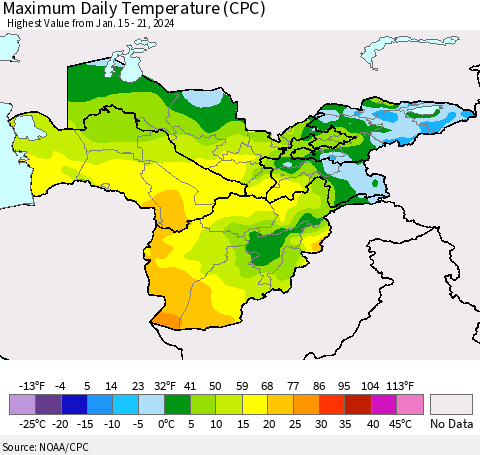 Central Asia Maximum Daily Temperature (CPC) Thematic Map For 1/15/2024 - 1/21/2024