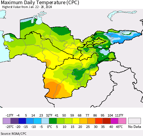 Central Asia Maximum Daily Temperature (CPC) Thematic Map For 1/22/2024 - 1/28/2024