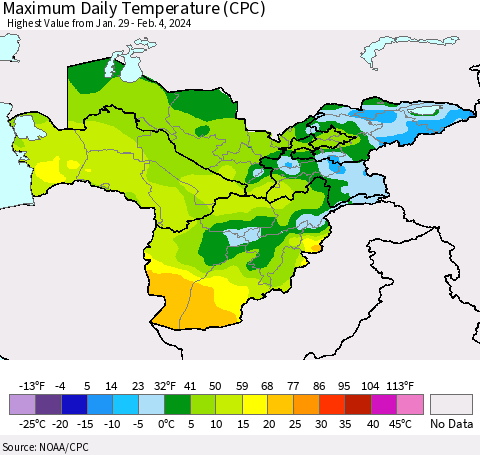 Central Asia Maximum Daily Temperature (CPC) Thematic Map For 1/29/2024 - 2/4/2024
