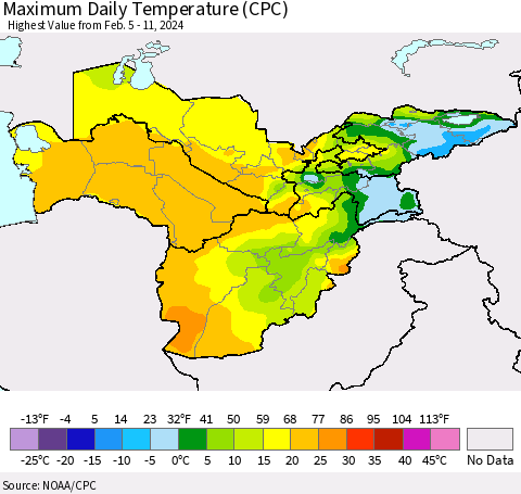 Central Asia Maximum Daily Temperature (CPC) Thematic Map For 2/5/2024 - 2/11/2024