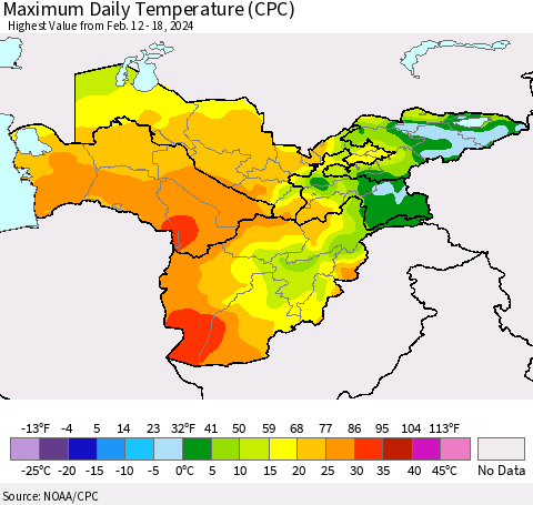 Central Asia Maximum Daily Temperature (CPC) Thematic Map For 2/12/2024 - 2/18/2024