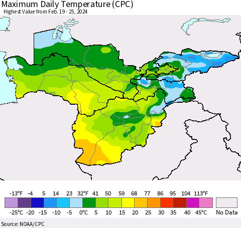 Central Asia Maximum Daily Temperature (CPC) Thematic Map For 2/19/2024 - 2/25/2024