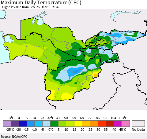 Central Asia Maximum Daily Temperature (CPC) Thematic Map For 2/26/2024 - 3/3/2024