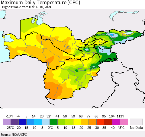 Central Asia Maximum Daily Temperature (CPC) Thematic Map For 3/4/2024 - 3/10/2024