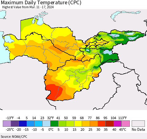 Central Asia Maximum Daily Temperature (CPC) Thematic Map For 3/11/2024 - 3/17/2024