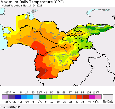 Central Asia Maximum Daily Temperature (CPC) Thematic Map For 3/18/2024 - 3/24/2024