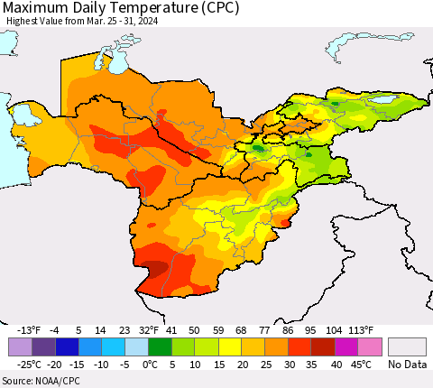 Central Asia Maximum Daily Temperature (CPC) Thematic Map For 3/25/2024 - 3/31/2024