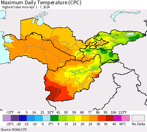 Central Asia Maximum Daily Temperature (CPC) Thematic Map For 4/1/2024 - 4/7/2024