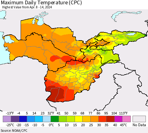 Central Asia Maximum Daily Temperature (CPC) Thematic Map For 4/8/2024 - 4/14/2024