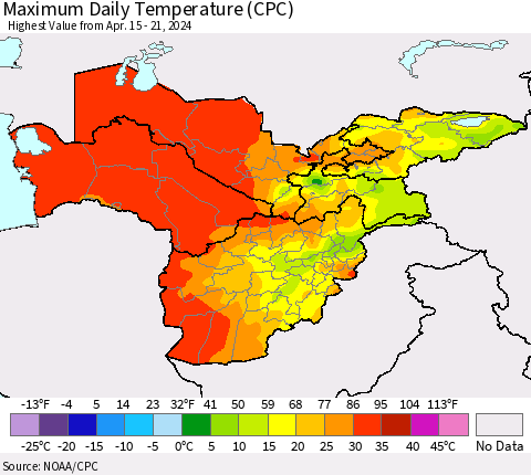 Central Asia Maximum Daily Temperature (CPC) Thematic Map For 4/15/2024 - 4/21/2024