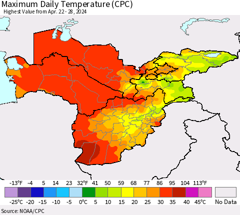 Central Asia Maximum Daily Temperature (CPC) Thematic Map For 4/22/2024 - 4/28/2024