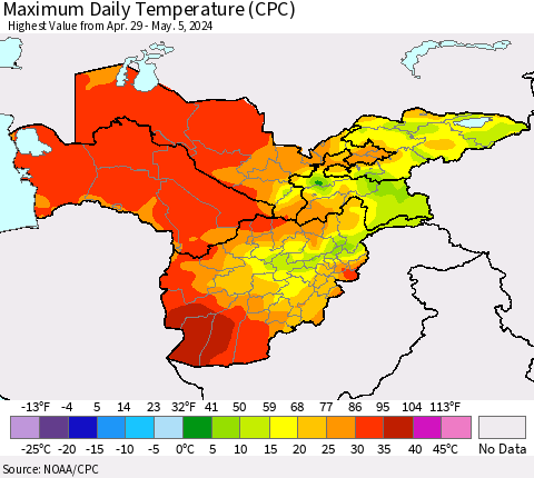 Central Asia Maximum Daily Temperature (CPC) Thematic Map For 4/29/2024 - 5/5/2024