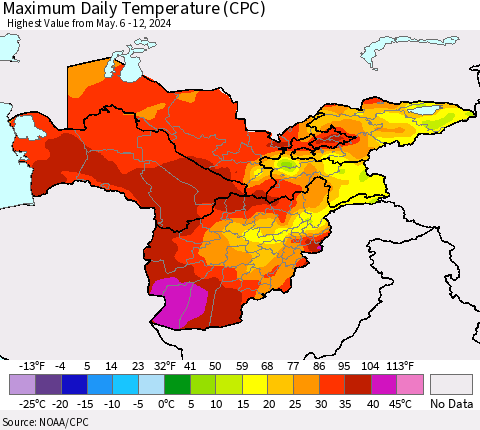Central Asia Maximum Daily Temperature (CPC) Thematic Map For 5/6/2024 - 5/12/2024