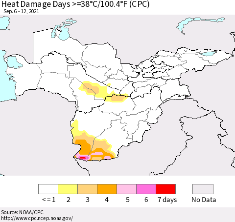Central Asia Heat Damage Days >=38°C/100°F (CPC) Thematic Map For 9/6/2021 - 9/12/2021