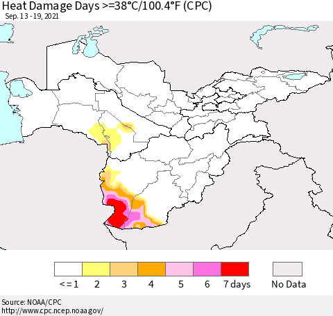 Central Asia Heat Damage Days >=38°C/100°F (CPC) Thematic Map For 9/13/2021 - 9/19/2021