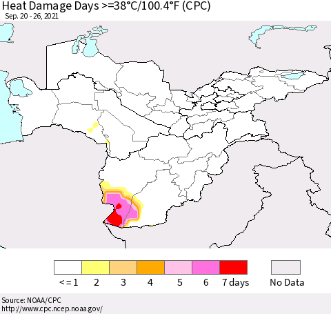 Central Asia Heat Damage Days >=38°C/100°F (CPC) Thematic Map For 9/20/2021 - 9/26/2021