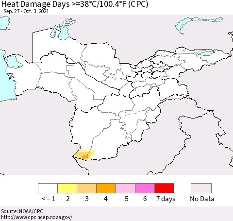 Central Asia Heat Damage Days >=38°C/100°F (CPC) Thematic Map For 9/27/2021 - 10/3/2021