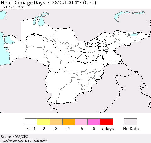 Central Asia Heat Damage Days >=38°C/100°F (CPC) Thematic Map For 10/4/2021 - 10/10/2021