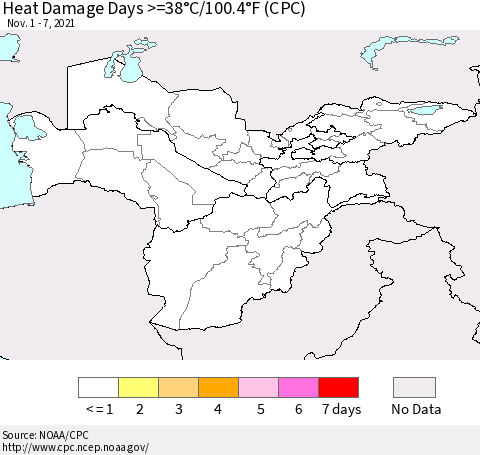 Central Asia Heat Damage Days >=38°C/100°F (CPC) Thematic Map For 11/1/2021 - 11/7/2021