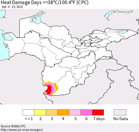 Central Asia Heat Damage Days >=38°C/100°F (CPC) Thematic Map For 4/4/2022 - 4/10/2022