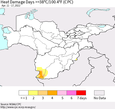 Central Asia Heat Damage Days >=38°C/100°F (CPC) Thematic Map For 4/11/2022 - 4/17/2022