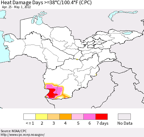 Central Asia Heat Damage Days >=38°C/100°F (CPC) Thematic Map For 4/25/2022 - 5/1/2022