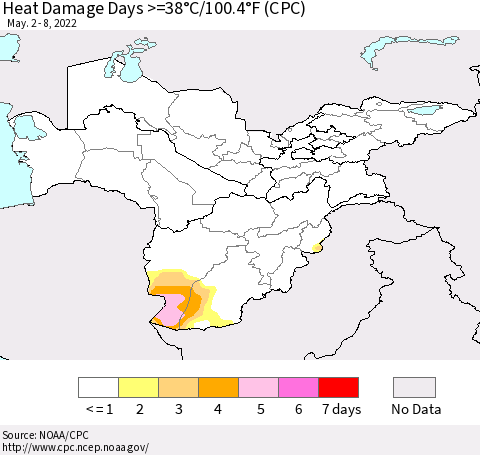 Central Asia Heat Damage Days >=38°C/100°F (CPC) Thematic Map For 5/2/2022 - 5/8/2022