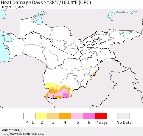 Central Asia Heat Damage Days >=38°C/100°F (CPC) Thematic Map For 5/9/2022 - 5/15/2022