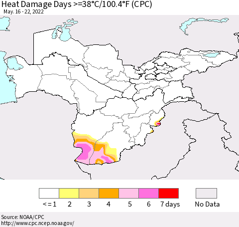 Central Asia Heat Damage Days >=38°C/100°F (CPC) Thematic Map For 5/16/2022 - 5/22/2022