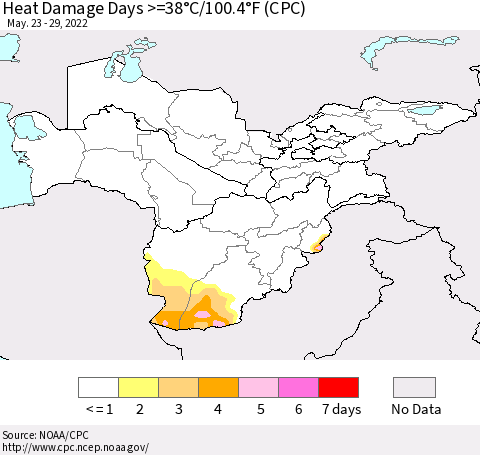 Central Asia Heat Damage Days >=38°C/100°F (CPC) Thematic Map For 5/23/2022 - 5/29/2022