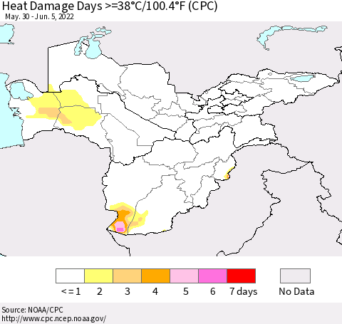 Central Asia Heat Damage Days >=38°C/100°F (CPC) Thematic Map For 5/30/2022 - 6/5/2022