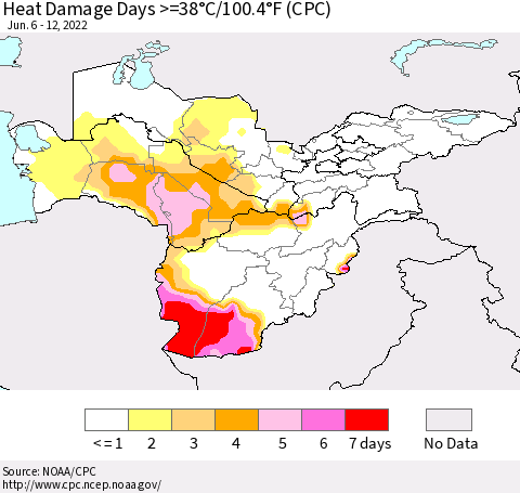 Central Asia Heat Damage Days >=38°C/100°F (CPC) Thematic Map For 6/6/2022 - 6/12/2022