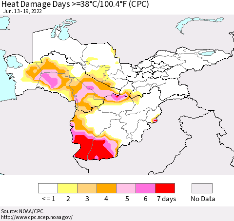 Central Asia Heat Damage Days >=38°C/100°F (CPC) Thematic Map For 6/13/2022 - 6/19/2022