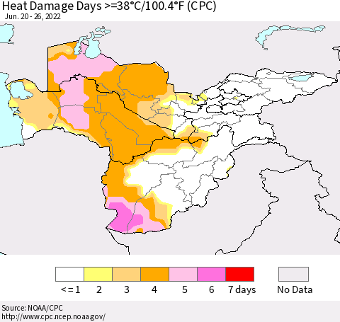 Central Asia Heat Damage Days >=38°C/100°F (CPC) Thematic Map For 6/20/2022 - 6/26/2022