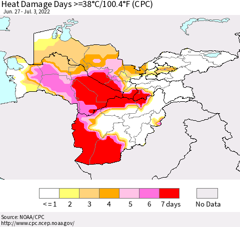 Central Asia Heat Damage Days >=38°C/100°F (CPC) Thematic Map For 6/27/2022 - 7/3/2022