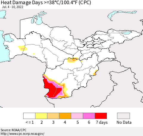 Central Asia Heat Damage Days >=38°C/100°F (CPC) Thematic Map For 7/4/2022 - 7/10/2022