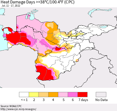 Central Asia Heat Damage Days >=38°C/100°F (CPC) Thematic Map For 7/11/2022 - 7/17/2022