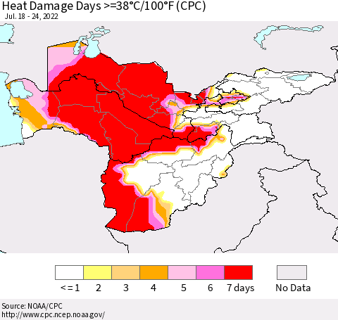 Central Asia Heat Damage Days >=38°C/100°F (CPC) Thematic Map For 7/18/2022 - 7/24/2022