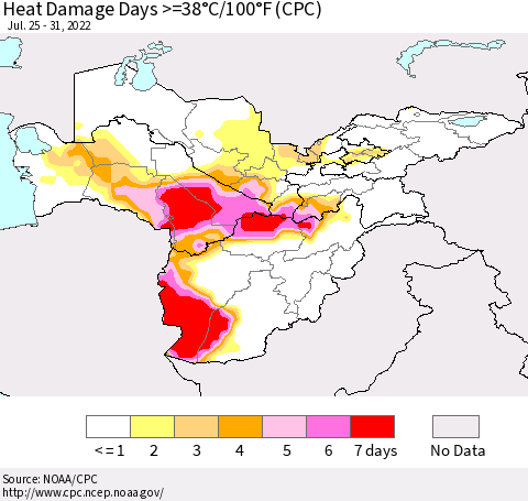 Central Asia Heat Damage Days >=38°C/100°F (CPC) Thematic Map For 7/25/2022 - 7/31/2022