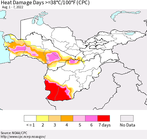 Central Asia Heat Damage Days >=38°C/100°F (CPC) Thematic Map For 8/1/2022 - 8/7/2022