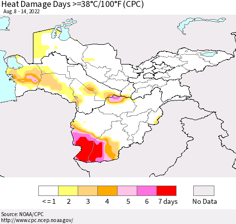 Central Asia Heat Damage Days >=38°C/100°F (CPC) Thematic Map For 8/8/2022 - 8/14/2022