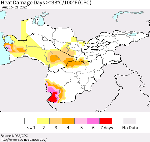 Central Asia Heat Damage Days >=38°C/100°F (CPC) Thematic Map For 8/15/2022 - 8/21/2022